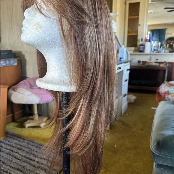 Long Brown Straight Wig with Side-Swept Bangs display picture 3